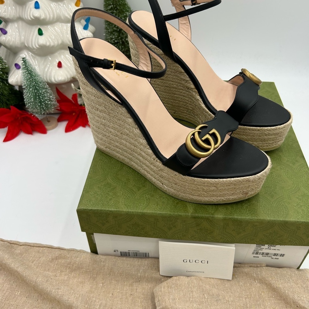 Gucci women's Black GG leather Wedge espadrille Sandals size 41 fits 10 US - Picture 8 of 10